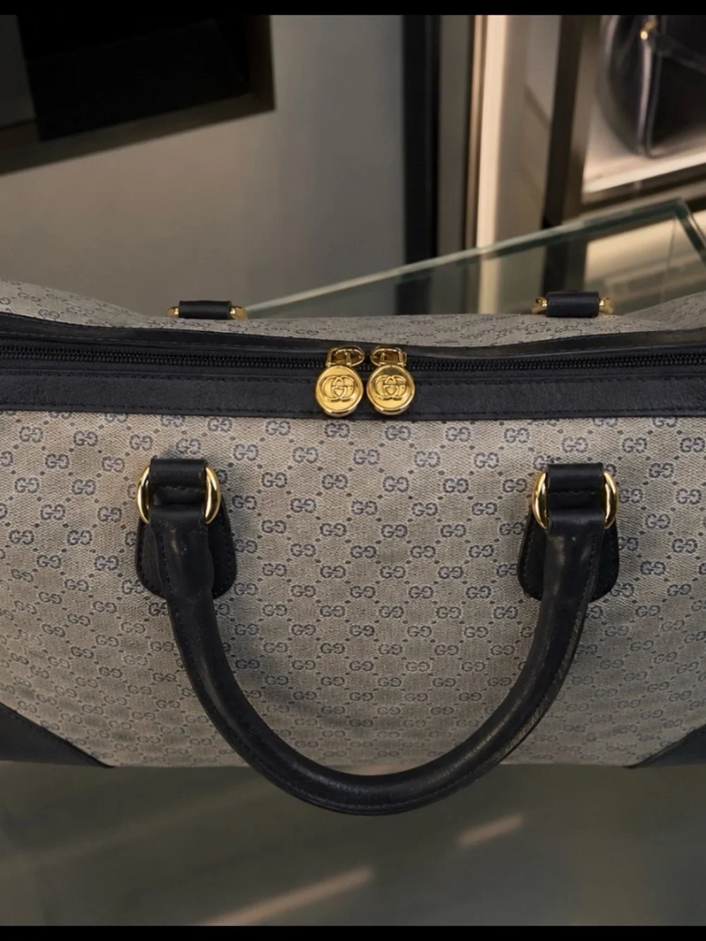 Authentic VintageGucci Gray Monogram Top-Handle Satchel with Navy Leather Trim.